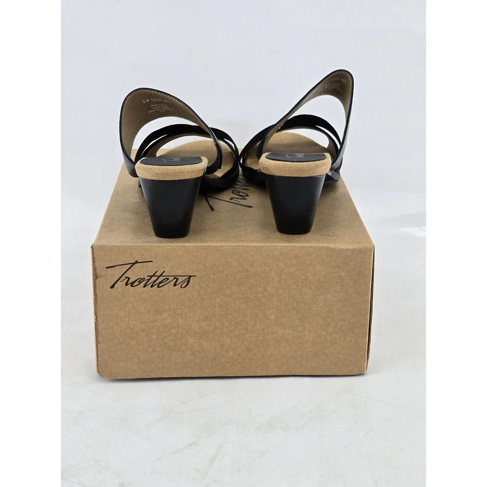 Trotters Maxine Sandals Women 9 W Black Leather Strappy Block Heel - NEW